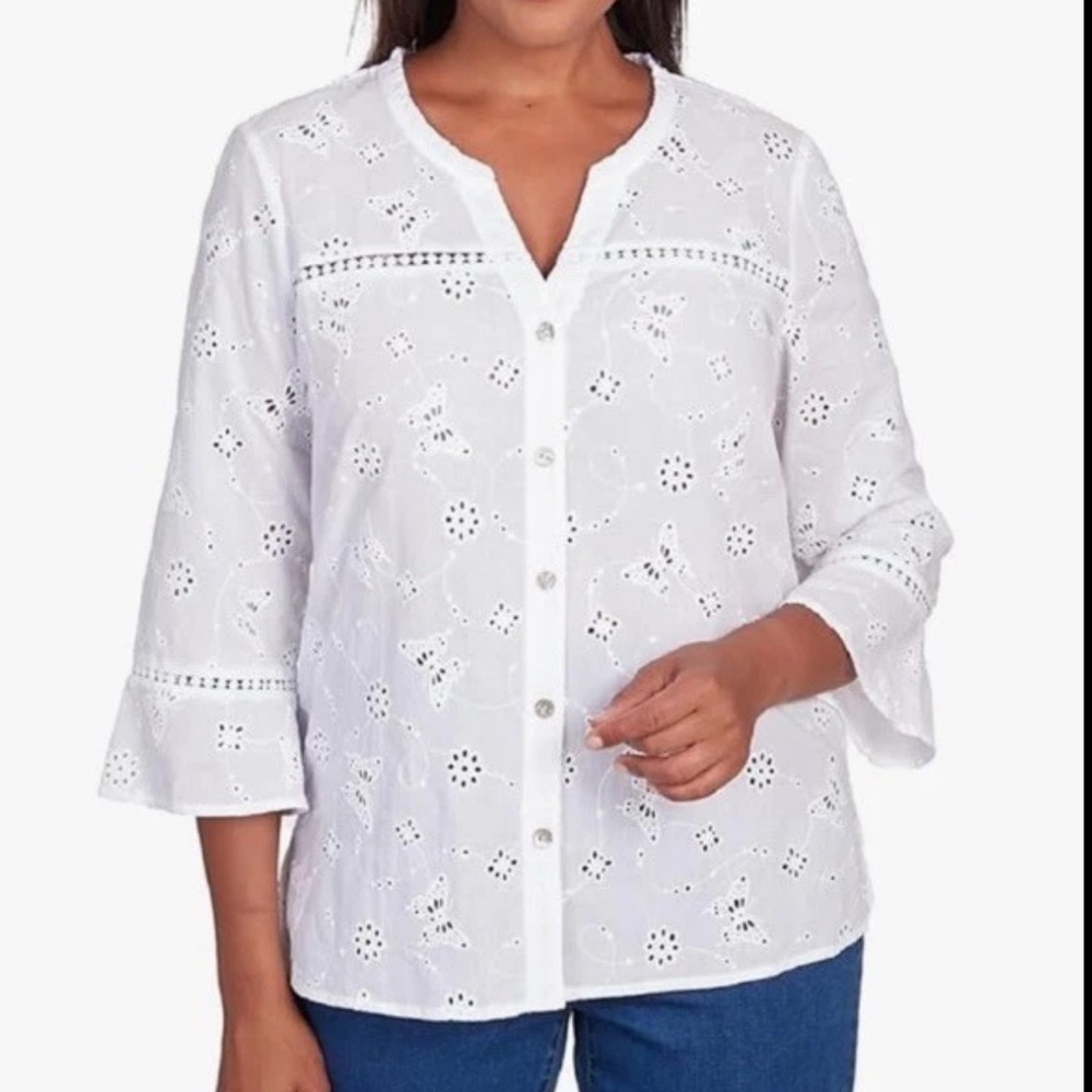 Alfred Dunner In Full Bloom Butterfly Eyelet Blouse Sz PXL White NWT